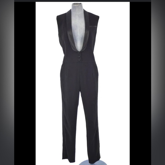 Maje Jumpsuit Elfie Tuxedo Plunging V Neck Black Satin Trim - Picture 2 of 14